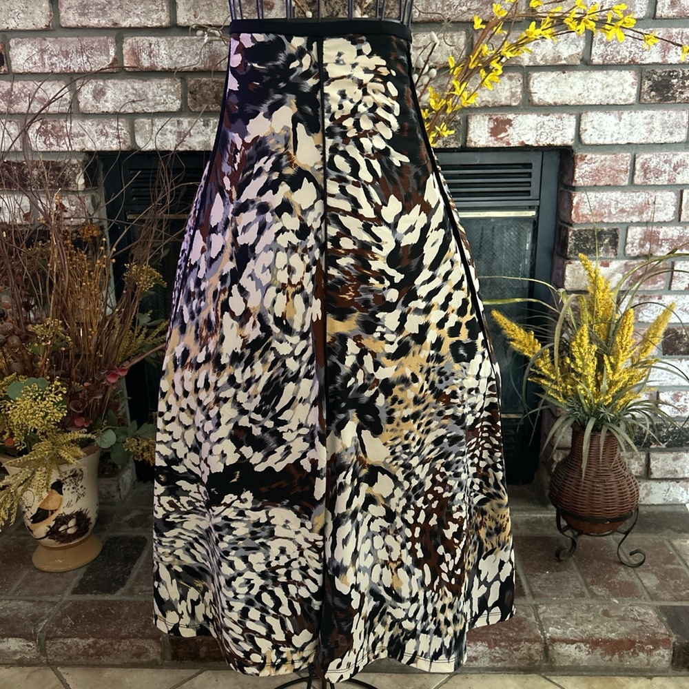 Lapis Black & White Animal Print A-Line Midi Skirt Sz L
